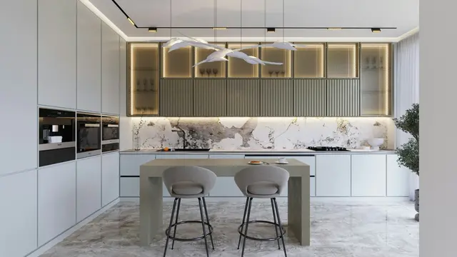 Mermer tezgâh ve bar tabureli modern mutfak