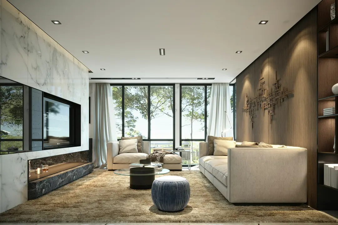 Büyük pencereleri ve doğal ışığıyla modern oturma alanı