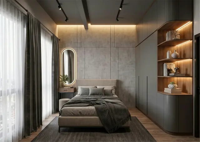 Gizli aydınlatmalı rafları ve beton dokulu duvarıyla yatak odası